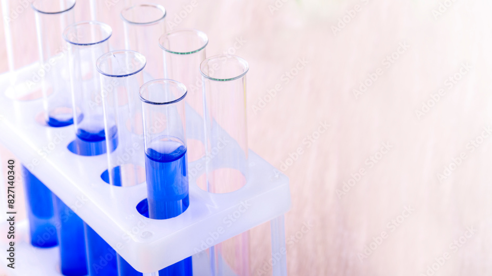 Set of test tubes with blue liquid on the desktop with copy space Set of test tubes with blue liquid on the desktop with copy space