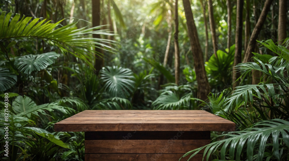 Wooden podium in tropical forest for product presentation and green background. Wooden podium in tropical forest for product presentation and green background.