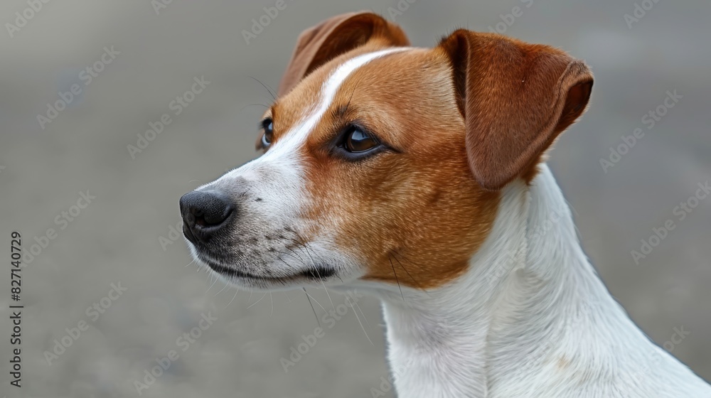 A tight shot of a brown-and-white dog with a black marking on its face and a white patch on its nostrils, gazing away from the camera A tight shot of a brown-and-white dog with a black marking on its face and a white patch on its nostrils, gazing away from the camera