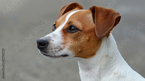  A tight shot of a brown-and-white dog with a black marking on its face and a white patch on its nostrils, gazing away from the camera © Mikus