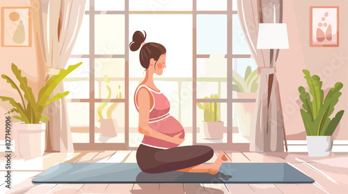 Pregnant woman doing exercises on yoga mat at home Ca