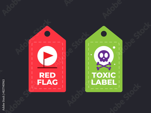 Red label showing a sign of red flag and Green label showing skull sign