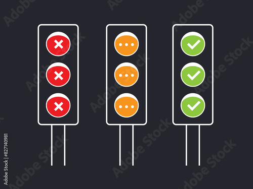 a set of fully lit traffic lights on a dark background.