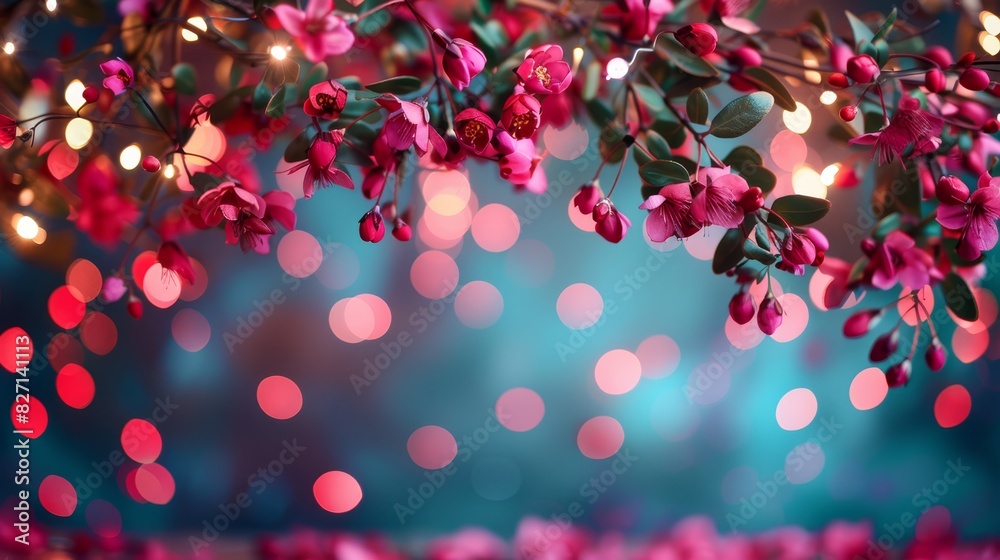 A tree adorned with a cluster of pink flowers, background lit by strings of lights, and a blue light bulb prominent in the foreground A tree adorned with a cluster of pink flowers, background lit by strings of lights, and a blue light bulb prominent in the foreground