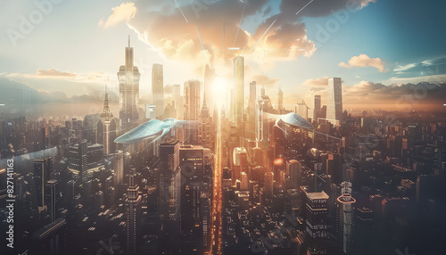 A futuristic cityscape with many buildings and flying objects photo