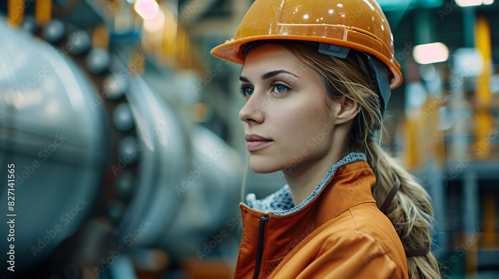 Industrial engineer woman inspecting equipment at a factory, wearing a hard hat Industrial engineer woman inspecting equipment at a factory, wearing a hard hat