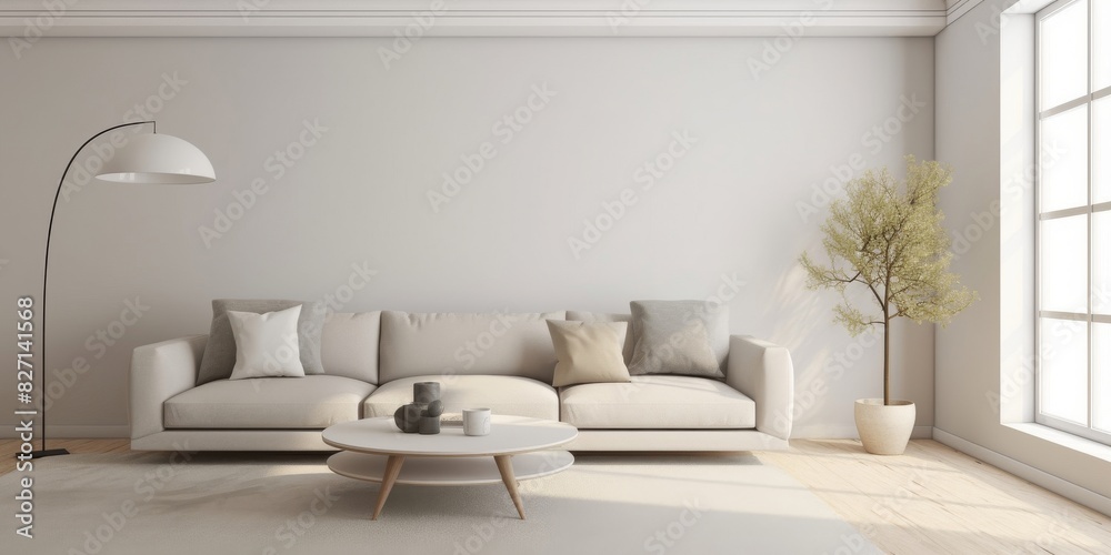 Living room interior is modern style, minimal, peaceful relaxation, wooden floor, creamy white wall, comfortable sofa, carpet, pillow, coffee table, vase, lamp. Natural light from window Living room interior is modern style, minimal, peaceful relaxation, wooden floor, creamy white wall, comfortable sofa, carpet, pillow, coffee table, vase, lamp. Natural light from window