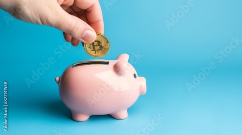 Saving Money Concept. A hand putting a gold coin into a piggy bank.