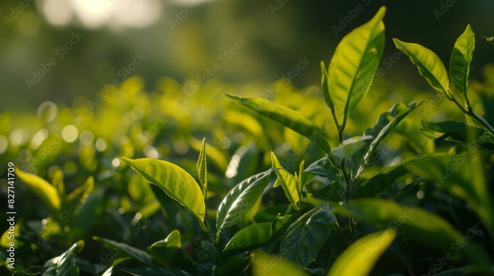 Green tea buds and leaves at early morning on plantation background Green tea buds and leaves at early morning on plantation background