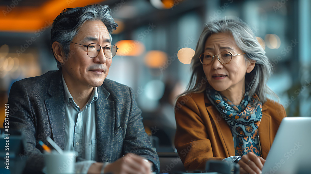 young Chinese businessman and an elderly businesswoman at an airport lounge discussing business matters with digital devices on the table in casual attire young Chinese businessman and an elderly businesswoman at an airport lounge discussing business matters with digital devices on the table in casual attire