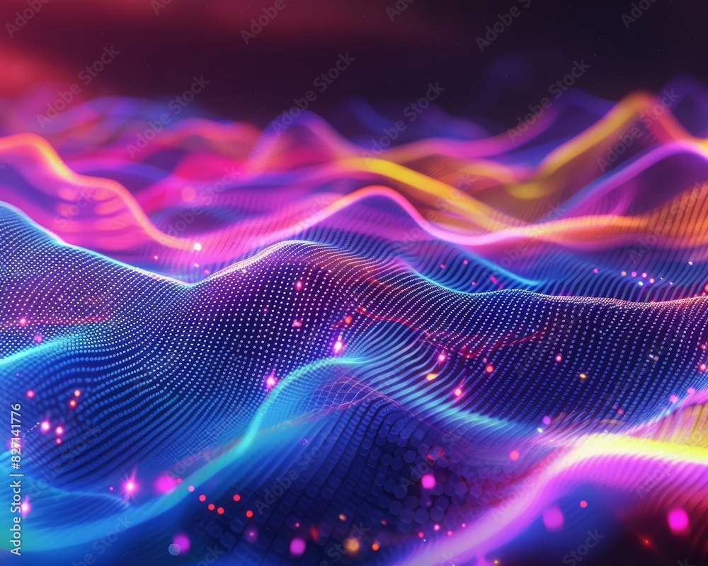 Bring the data to life with an animation that shows intricate, neon-colored waves pulsating like a heartbeat Integrate a futuristic, digital aesthetic to captivate the viewer Bring the data to life with an animation that shows intricate, neon-colored waves pulsating like a heartbeat Integrate a futuristic, digital aesthetic to captivate the viewer