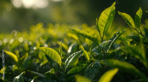 Green tea buds and leaves at early morning on plantation background