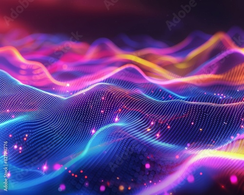 Bring the data to life with an animation that shows intricate, neon-colored waves pulsating like a heartbeat Integrate a futuristic, digital aesthetic to captivate the viewer © Pornarun
