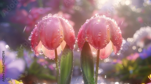  Two pink tulips with water droplets, in front of a blurred backdrop of purple and yellow flowers - their petals also adorned with water droplets © Mikus