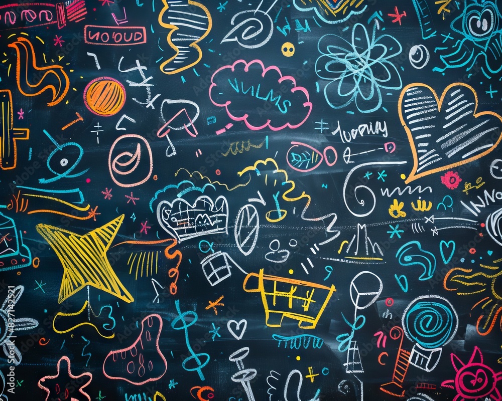 Capture a close-up shot of a chalkboard adorned with whimsical doodles and vibrant colors, inviting customization Perfect for a dynamic social media campaign or educational project Capture a close-up shot of a chalkboard adorned with whimsical doodles and vibrant colors, inviting customization Perfect for a dynamic social media campaign or educational project