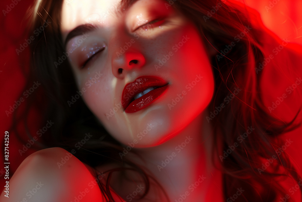Fototapeta premium a girl with red lipstick on a red background. Advertising of cosmetics. 