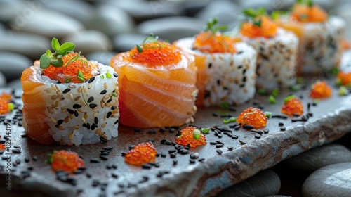 A plate of sushi with vibrant colors on a minimalist  garden background with smooth stones