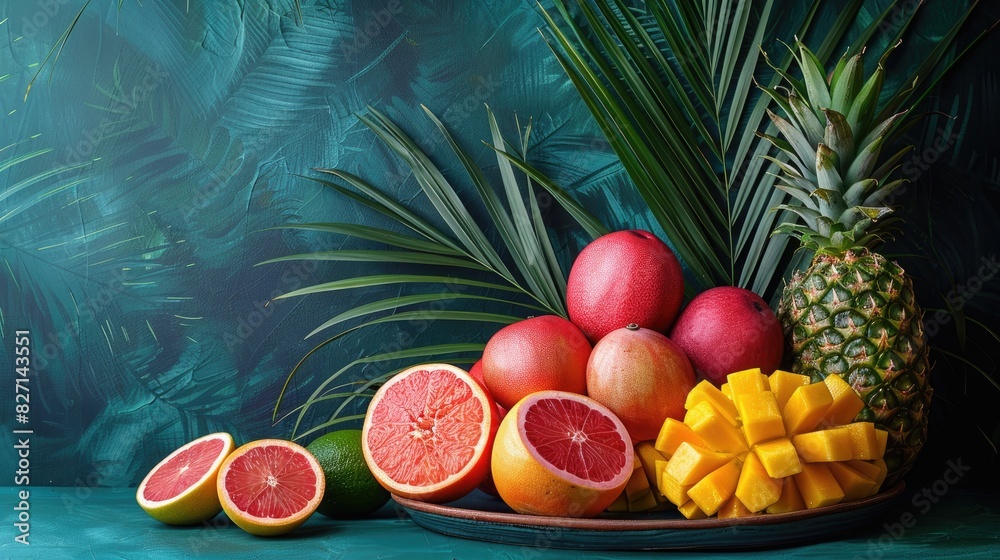 A platter of exotic fruits on a vibrant tropical background with palm leaves A platter of exotic fruits on a vibrant tropical background with palm leaves