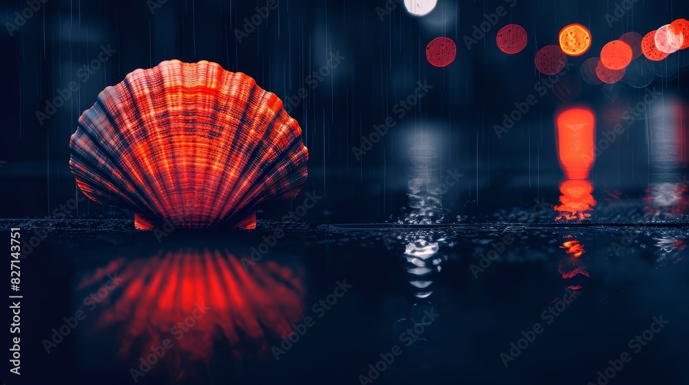 Obraz premium A red scallop shell rests atop a damp ground against a backdrop of black, with a red light reflecting beneath it