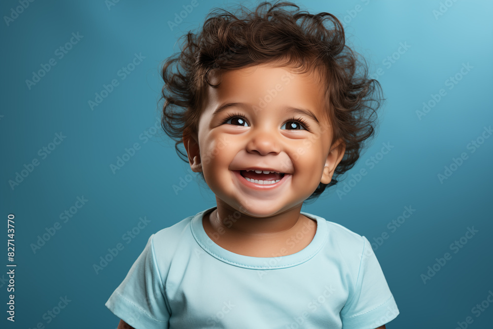Happy baby on blue background. Close up portrait of cute baby Happy baby on blue background. Close up portrait of cute baby