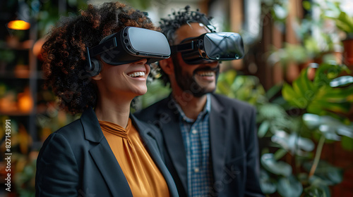 young German businesswoman and a businessman laughing together casually in a futuristic office with virtual reality equipment around them © Haider