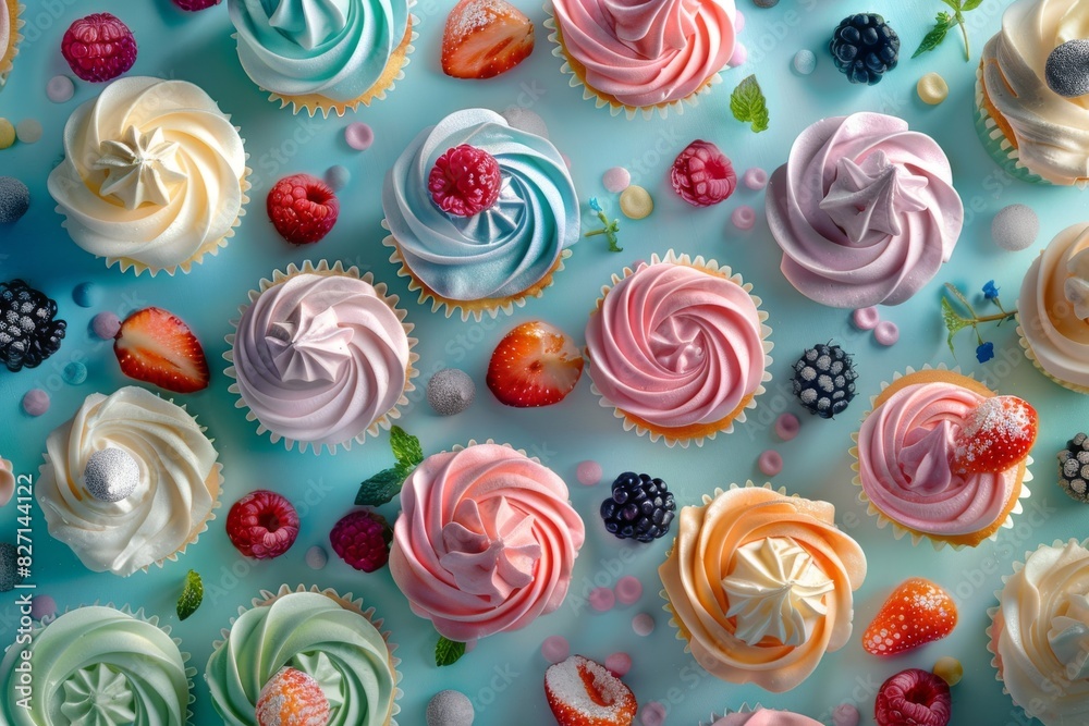 Capture a whimsical, worms-eye view scene of mouth-watering cupcakes topped with swirls of pastel buttercream frosting Vibrant, inviting, and full of delectable details Capture a whimsical, worms-eye view scene of mouth-watering cupcakes topped with swirls of pastel buttercream frosting Vibrant, inviting, and full of delectable details