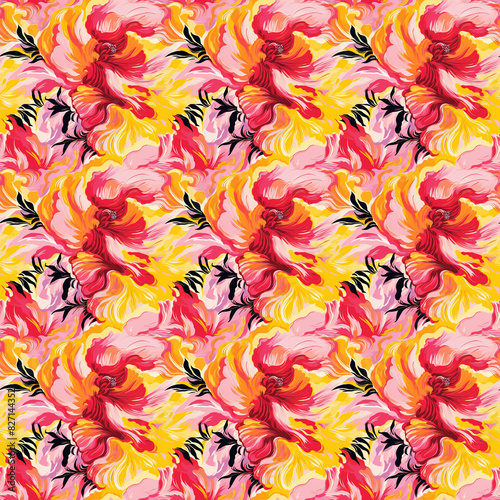 Abstract floral print, red, yellow and pink tones, pattern. Illustration for wallpapers, textile, wrapping, poster, web and packaging