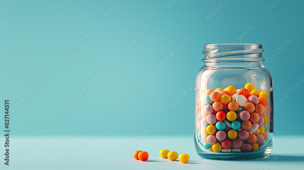 Colorful Candy Jar on Blue Background with Spilled Sweets Colorful Candy Jar on Blue Background with Spilled Sweets
