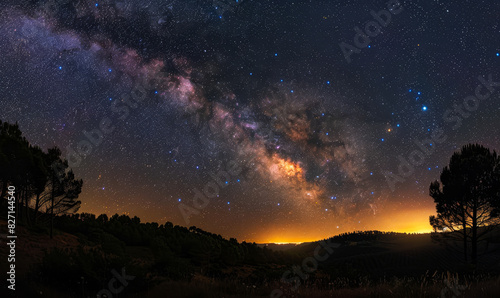 Stunning Milky Way over Granadilla Forests in Extremadura Spain Night Sky Astrophotography with Stars and Silhouetted Trees