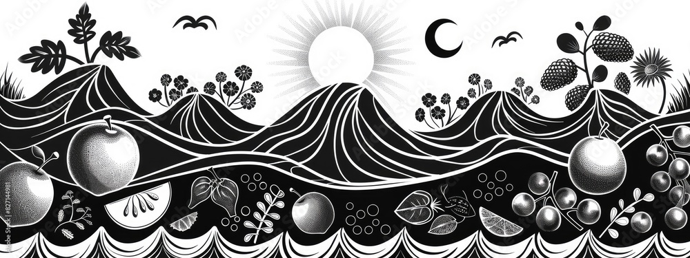 Abstract Black and White Landscape with Sun, Moon, Fruits, and Mountains Abstract Black and White Landscape with Sun, Moon, Fruits, and Mountains