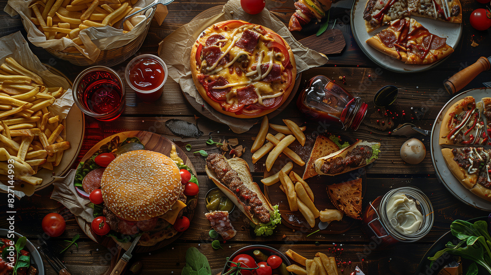 Fast food with hamburgers, fries, pizza and soda Fast food with hamburgers, fries, pizza and soda