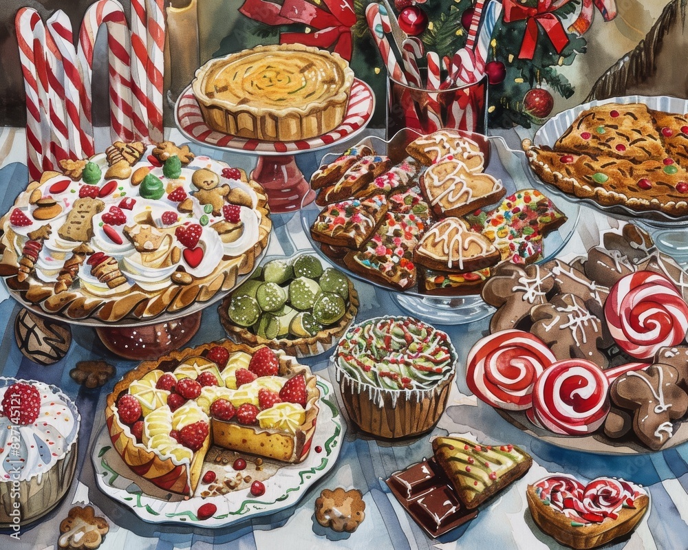 Capture the essence of festive sweetness in a watercolor painting of a panoramic view showcasing iconic holiday treats like candy canes