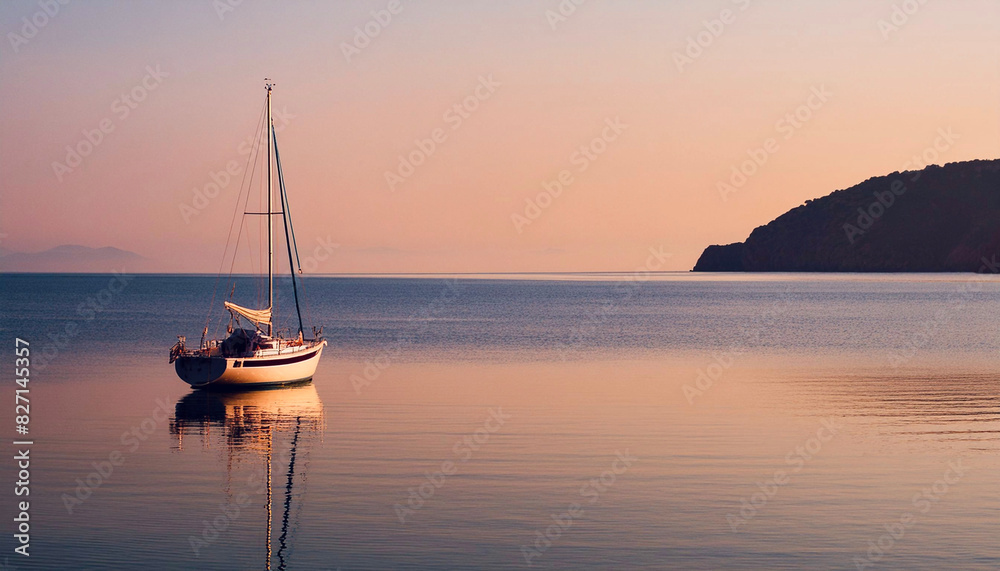 Boat on calm sea alone with beautiful light.
