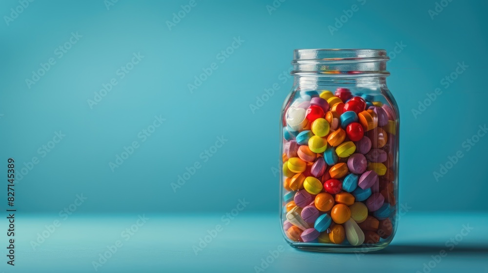 Colorful Candy in a Glass Jar on Blue Background - Vibrant Sweets and Treats Photography Colorful Candy in a Glass Jar on Blue Background - Vibrant Sweets and Treats Photography