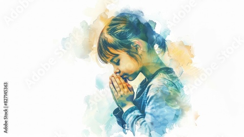 Abstract illustration of a little girl praying with clasped hands, featuring watercolor strokes on a white background. Culture and religion concept with copy space.