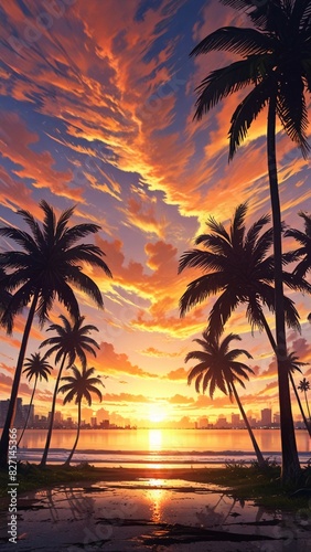 flat illustration of coconut tree with sunset © Indra