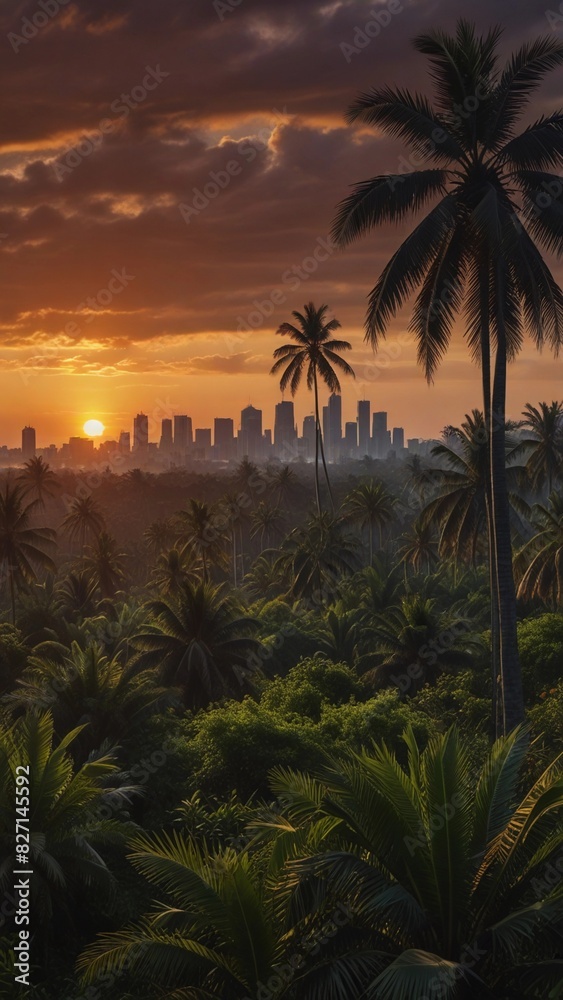 Obraz premium flat illustration of coconut tree with sunset