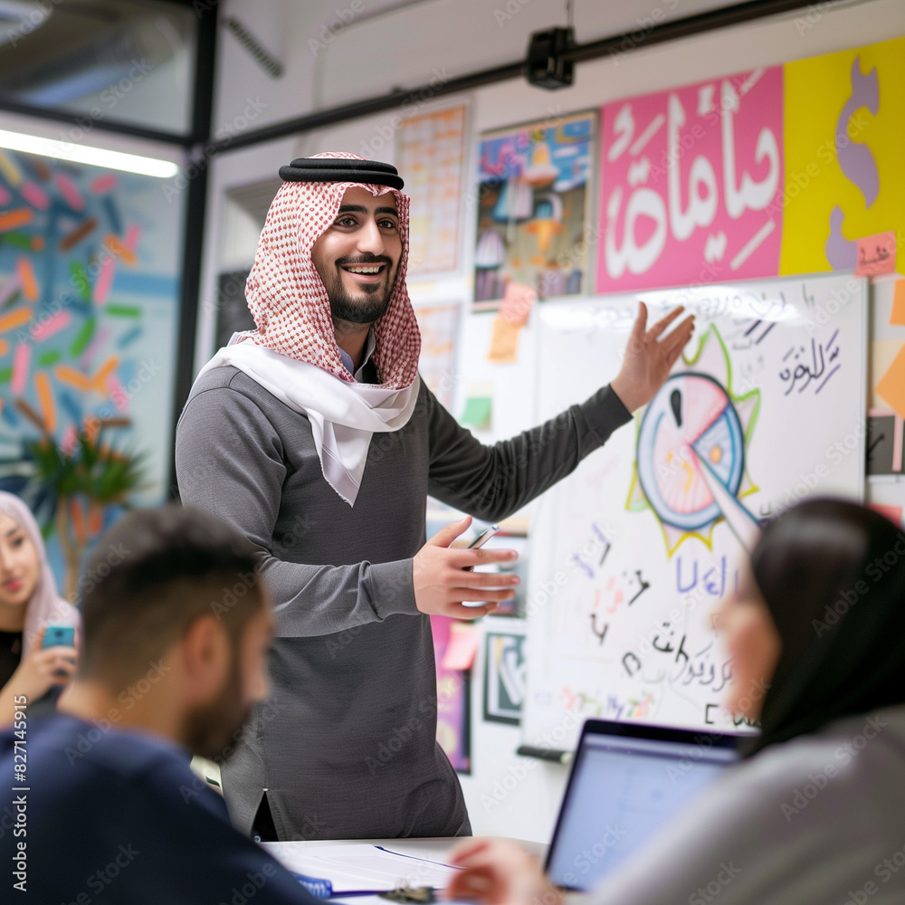 Dynamic Arab Businessman Leading a Creative Team in a Modern Advertising Agency Office, Engaging in a Strategic Presentation with Colorful Visuals and Collaborative Atmosphere Dynamic Arab Businessman Leading a Creative Team in a Modern Advertising Agency Office, Engaging in a Strategic Presentation with Colorful Visuals and Collaborative Atmosphere