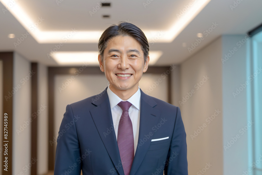 オフィスで微笑む50代~60代のイケメンビジネスマン オフィスで微笑む50代~60代のイケメンビジネスマン