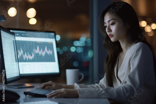 Young businesswoman reading reports while working late on PC in the office. Young female entrepreneur reading business charts while working on desktop PC late in the office