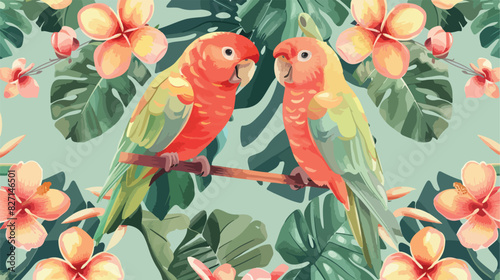 Seamless pattern with lovebird parrots on stick tropi photo