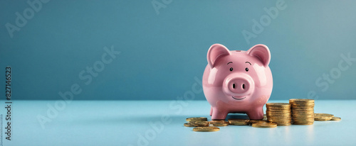 Smiling pink pig piggy bank next to a stack of gold coins, isolated on blue background. Investment success, savings concept