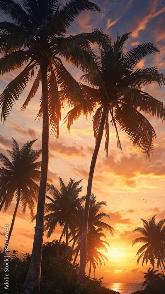 Obraz premium flat illustration of coconut tree with sunset