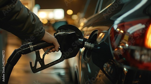A detailed shot of a motorist's hand pumping premium fuel at a self-serve gas station in Europe. High-resolution image.
