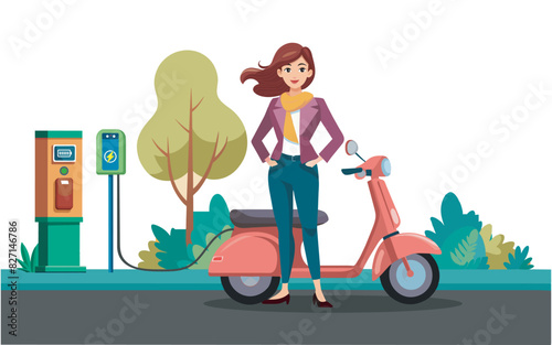 A woman charges her electric scooter at an EV charging station, enjoying a quick fast charging