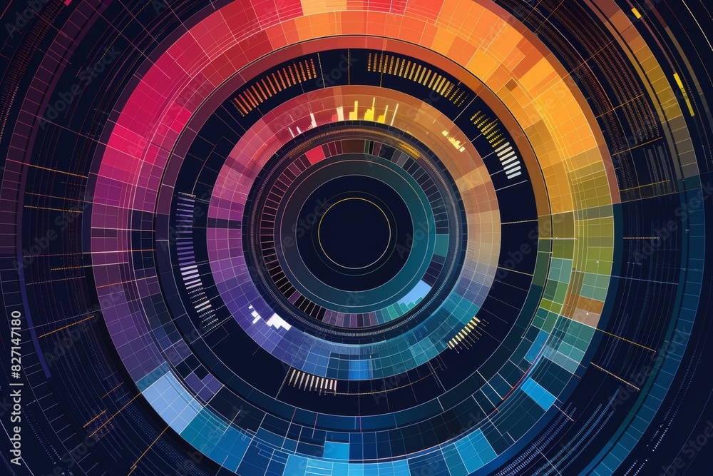 Circular data chart, radial design with segments, vibrant colors and clear labels, perfect for showing cyclical or comparative data Circular data chart, radial design with segments, vibrant colors and clear labels, perfect for showing cyclical or comparative data