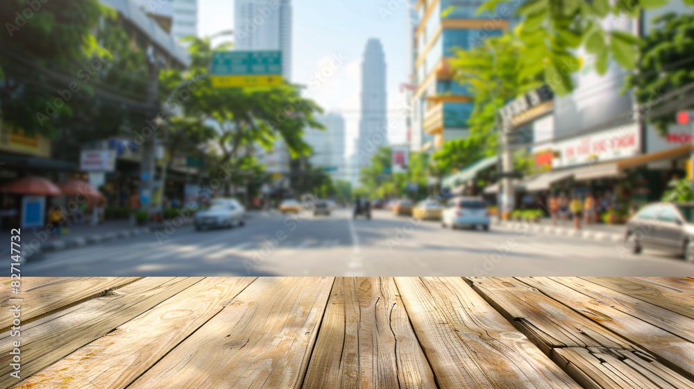 Vacant wooden table with blurred urban cityscape backdrop, providing room for showcasing promotional items amidst stunning street view. Vacant wooden table with blurred urban cityscape backdrop, providing room for showcasing promotional items amidst stunning street view.