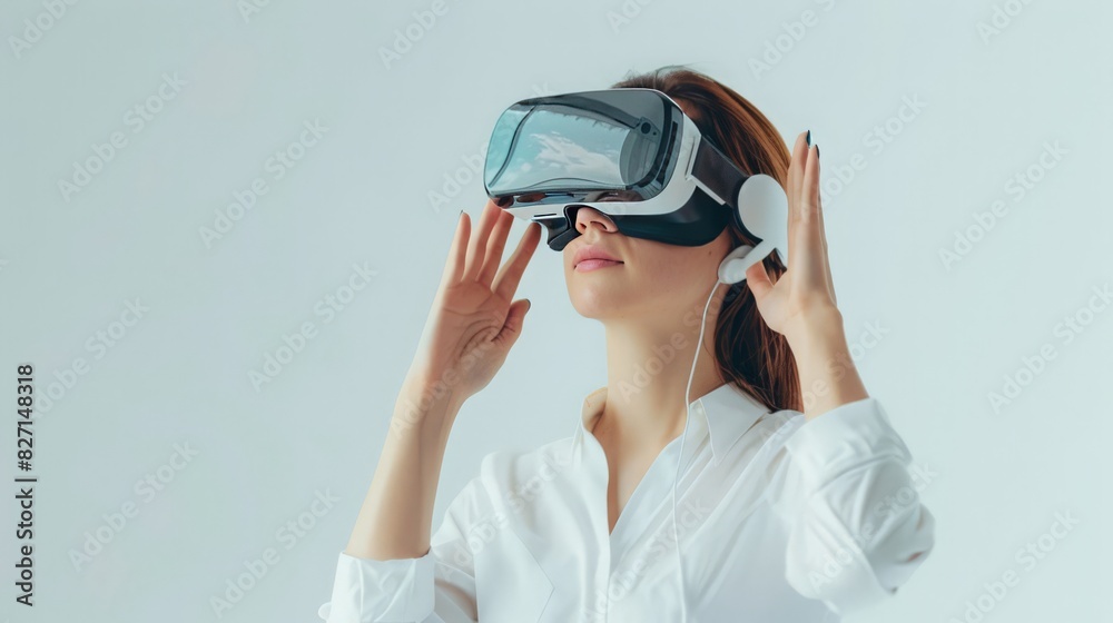 A woman in a white shirt wears VR goggles, delving into the metaverse and highlighting the transformative power of AI on a white background A woman in a white shirt wears VR goggles, delving into the metaverse and highlighting the transformative power of AI on a white background