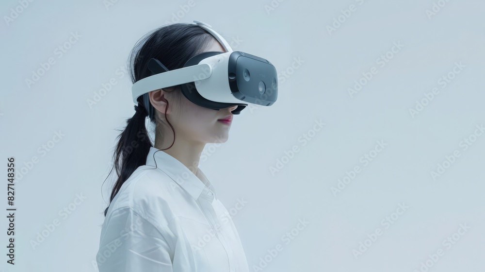 A woman in a white shirt wears VR goggles, delving into the metaverse and highlighting the transformative power of AI on a white background A woman in a white shirt wears VR goggles, delving into the metaverse and highlighting the transformative power of AI on a white background