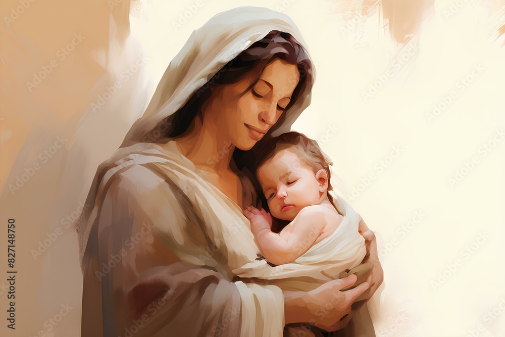 Mother with baby Jesus in her arms, digital illustration on neutral background. Mother with baby Jesus in her arms, digital illustration on neutral background.